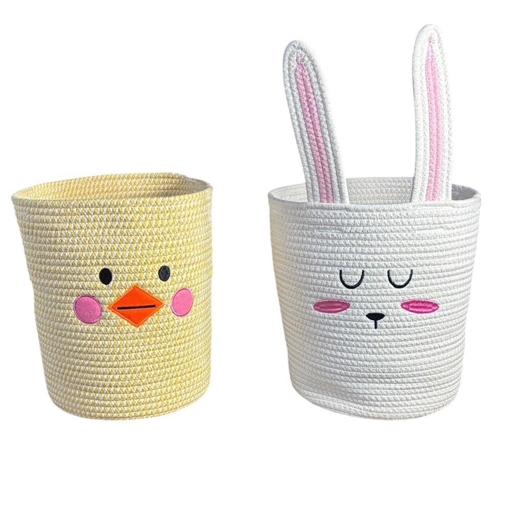 Yellow Chick & White Bunny Storage Baskets Easter Woven Handles 12" NEW GIFT